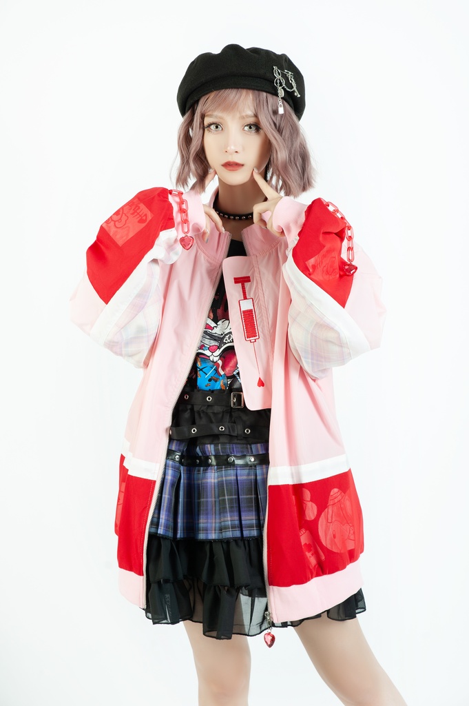 Jillpunkメンヘラ病みカワ rinihimmeコラボ ネコ救急隊猫 タータンチェック柄 チュールカバー タウンユース ジェリーチャーム付き 長袖ウィンドウブレーカー ジャケット オリジナル メンズレディース 森系 ロリータ おしゃれ可愛い地雷系萌え