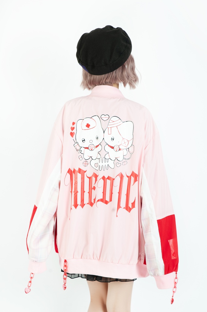 Jillpunkメンヘラ病みカワ rinihimmeコラボ ネコ救急隊猫 タータンチェック柄 チュールカバー タウンユース ジェリーチャーム付き 長袖ウィンドウブレーカー ジャケット オリジナル メンズレディース 森系 ロリータ おしゃれ可愛い地雷系萌え