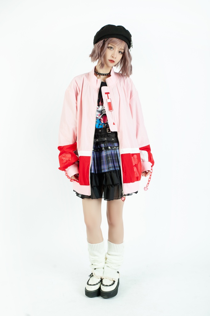 Jillpunkメンヘラ病みカワ rinihimmeコラボ ネコ救急隊猫 タータンチェック柄 チュールカバー タウンユース ジェリーチャーム付き 長袖ウィンドウブレーカー ジャケット オリジナル メンズレディース 森系 ロリータ おしゃれ可愛い地雷系萌え