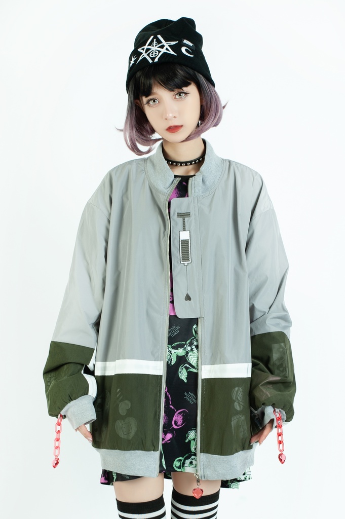 Jillpunkメンヘラ病みカワ rinihimmeコラボ ネコ救急隊猫 タータンチェック柄 チュールカバー タウンユース ジェリーチャーム付き 長袖ウィンドウブレーカー ジャケット オリジナル メンズレディース 森系 ロリータ おしゃれ可愛い地雷系萌え