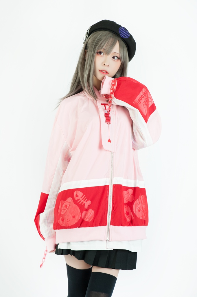 Jillpunkメンヘラ病みカワ rinihimmeコラボ ネコ救急隊猫 タータンチェック柄 チュールカバー タウンユース ジェリーチャーム付き 長袖ウィンドウブレーカー ジャケット オリジナル メンズレディース 森系 ロリータ おしゃれ可愛い地雷系萌え