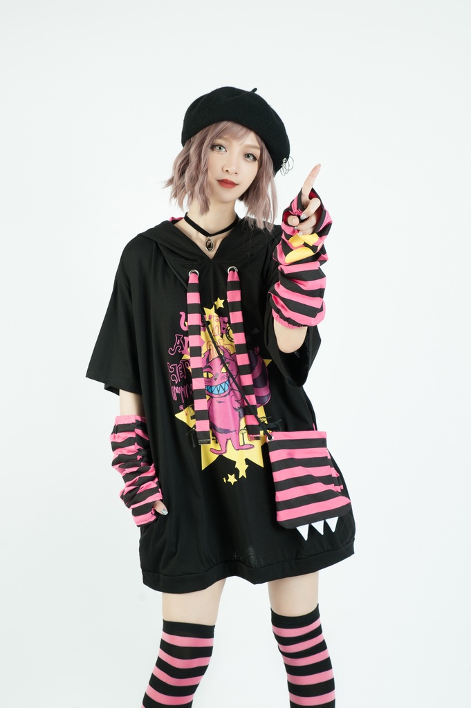 Jillpunkメンヘラ病みカワ ハロウィン月下猫 アームカバー ボディバッグ付き ねこ耳 ゆったり半袖パーカー タータンチェック ストライプ柄 オリジナル メンズ レディーズ おしゃれ男女兼用ファッション可愛い萌え