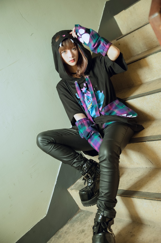 Jillpunkメンヘラ病みカワ ハロウィン月下猫 アームカバー ボディバッグ付き ねこ耳 ゆったり半袖パーカー タータンチェック ストライプ柄 オリジナル メンズ レディーズ おしゃれ男女兼用ファッション可愛い萌え