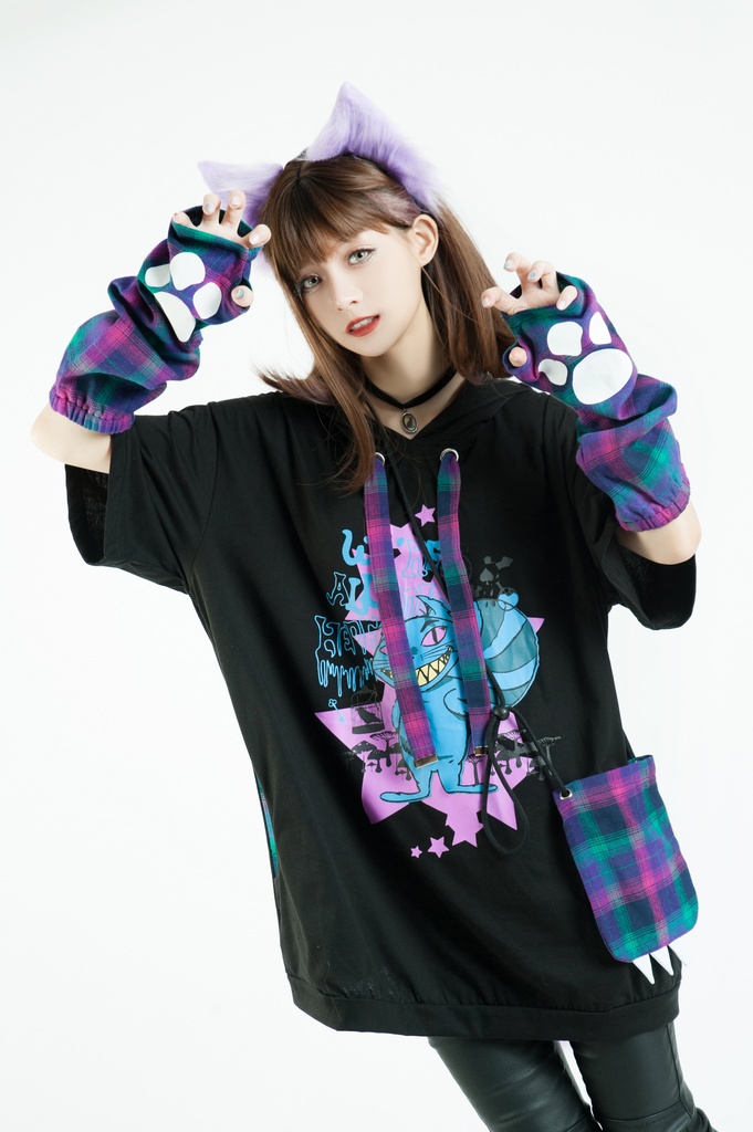 Jillpunkメンヘラ病みカワ ハロウィン月下猫 アームカバー ボディバッグ付き ねこ耳 ゆったり半袖パーカー タータンチェック ストライプ柄 オリジナル メンズ レディーズ おしゃれ男女兼用ファッション可愛い萌え