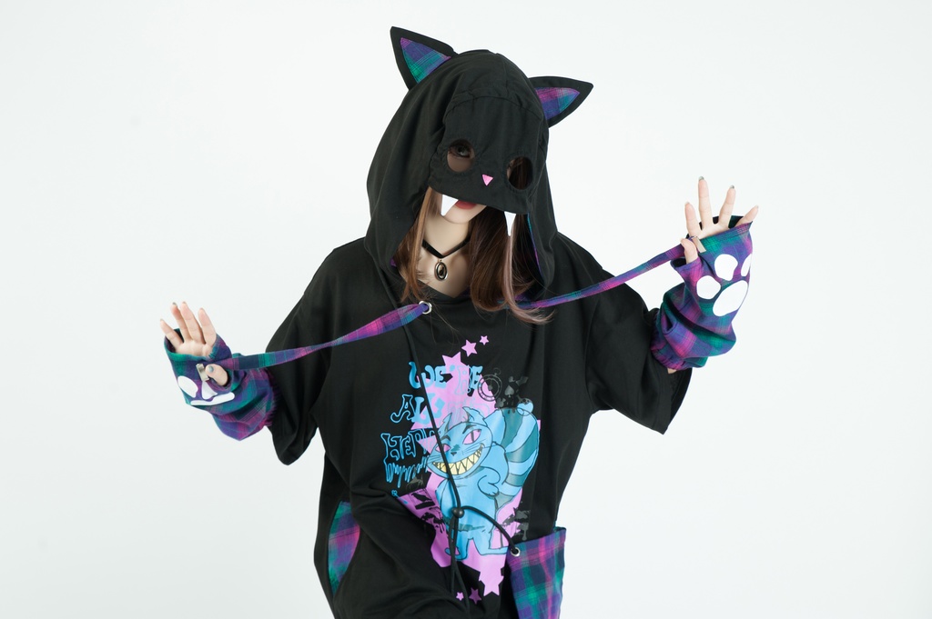 Jillpunkメンヘラ病みカワ ハロウィン月下猫 アームカバー ボディバッグ付き ねこ耳 ゆったり半袖パーカー タータンチェック ストライプ柄 オリジナル メンズ レディーズ おしゃれ男女兼用ファッション可愛い萌え