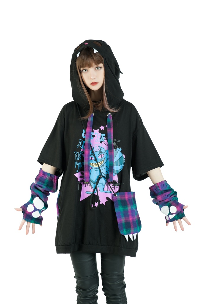 Jillpunkメンヘラ病みカワ ハロウィン月下猫 アームカバー ボディバッグ付き ねこ耳 ゆったり半袖パーカー タータンチェック ストライプ柄 オリジナル メンズ レディーズ おしゃれ男女兼用ファッション可愛い萌え