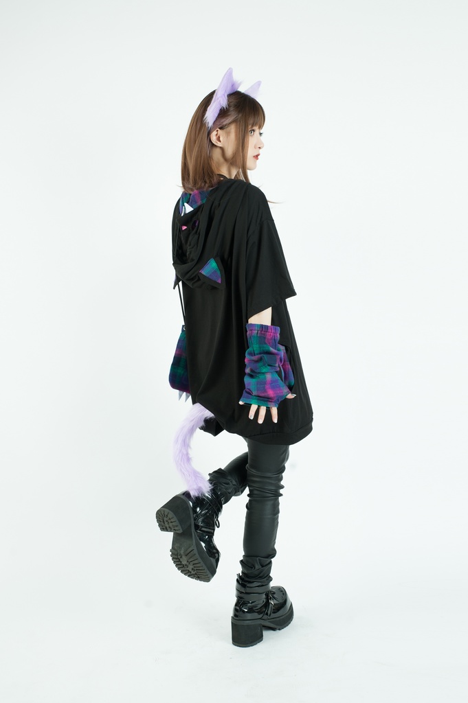 Jillpunkメンヘラ病みカワ ハロウィン月下猫 アームカバー ボディバッグ付き ねこ耳 ゆったり半袖パーカー タータンチェック ストライプ柄 オリジナル メンズ レディーズ おしゃれ男女兼用ファッション可愛い萌え