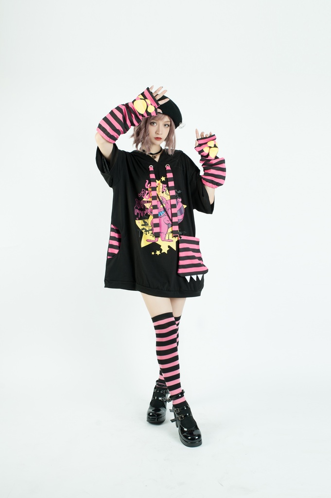 Jillpunkメンヘラ病みカワ ハロウィン月下猫 アームカバー ボディバッグ付き ねこ耳 ゆったり半袖パーカー タータンチェック ストライプ柄 オリジナル メンズ レディーズ おしゃれ男女兼用ファッション可愛い萌え