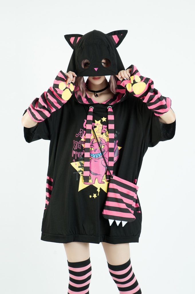 Jillpunkメンヘラ病みカワ ハロウィン月下猫 アームカバー ボディバッグ付き ねこ耳 ゆったり半袖パーカー タータンチェック ストライプ柄 オリジナル メンズ レディーズ おしゃれ男女兼用ファッション可愛い萌え