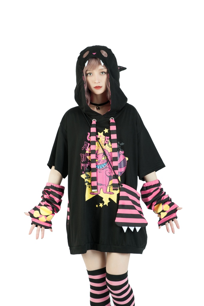 Jillpunkメンヘラ病みカワ ハロウィン月下猫 アームカバー ボディバッグ付き ねこ耳 ゆったり半袖パーカー タータンチェック ストライプ柄 オリジナル メンズ レディーズ おしゃれ男女兼用ファッション可愛い萌え