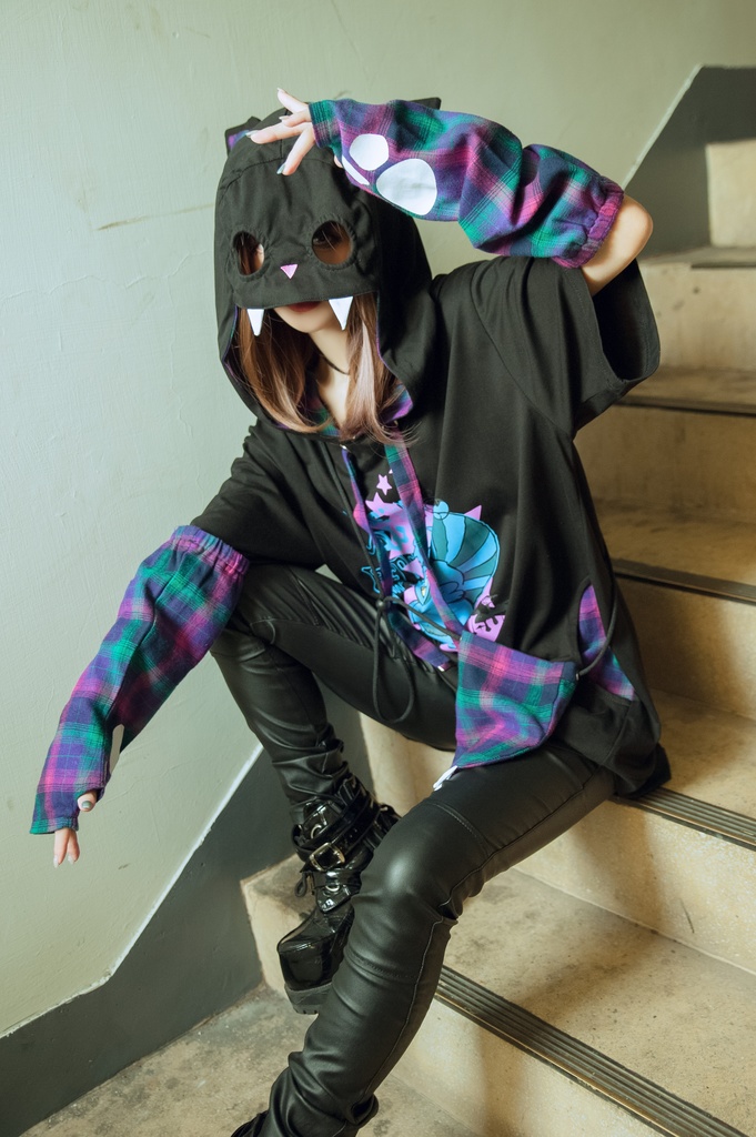 Jillpunkメンヘラ病みカワ ハロウィン月下猫 アームカバー ボディバッグ付き ねこ耳 ゆったり半袖パーカー タータンチェック ストライプ柄 オリジナル メンズ レディーズ おしゃれ男女兼用ファッション可愛い萌え