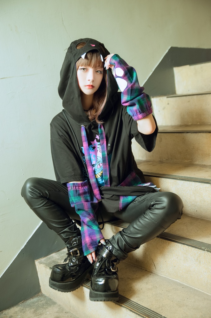 Jillpunkメンヘラ病みカワ ハロウィン月下猫 アームカバー ボディバッグ付き ねこ耳 ゆったり半袖パーカー タータンチェック ストライプ柄 オリジナル メンズ レディーズ おしゃれ男女兼用ファッション可愛い萌え