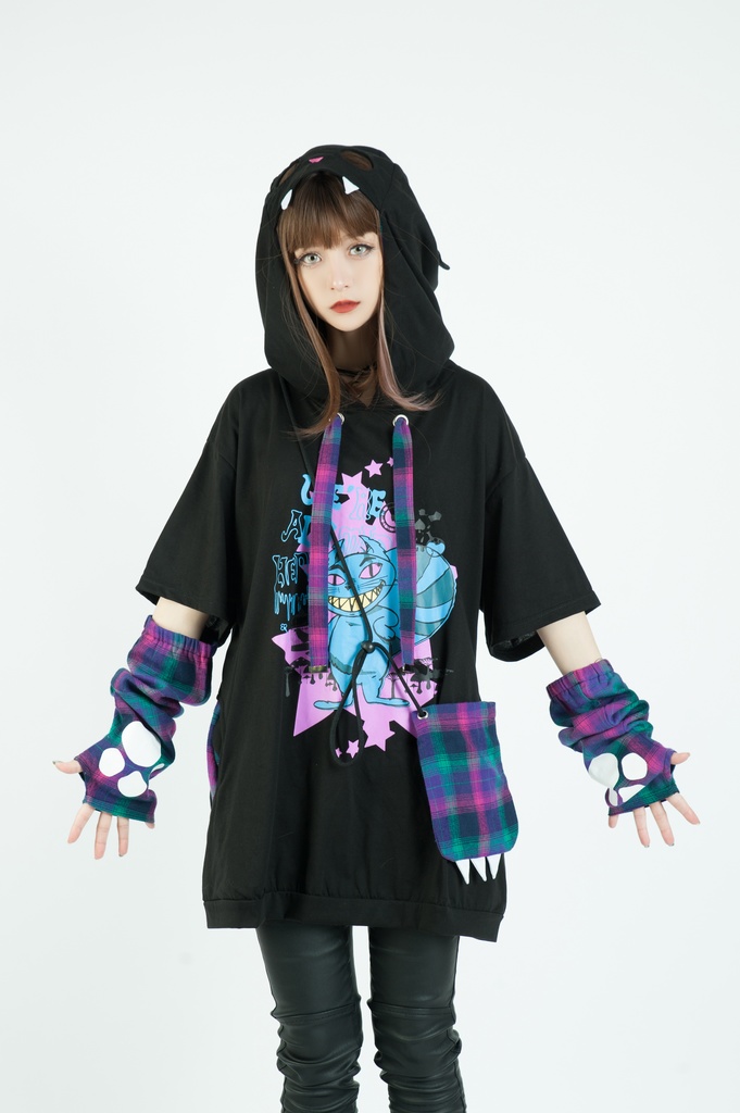 Jillpunkメンヘラ病みカワ ハロウィン月下猫 アームカバー ボディバッグ付き ねこ耳 ゆったり半袖パーカー タータンチェック ストライプ柄 オリジナル メンズ レディーズ おしゃれ男女兼用ファッション可愛い萌え