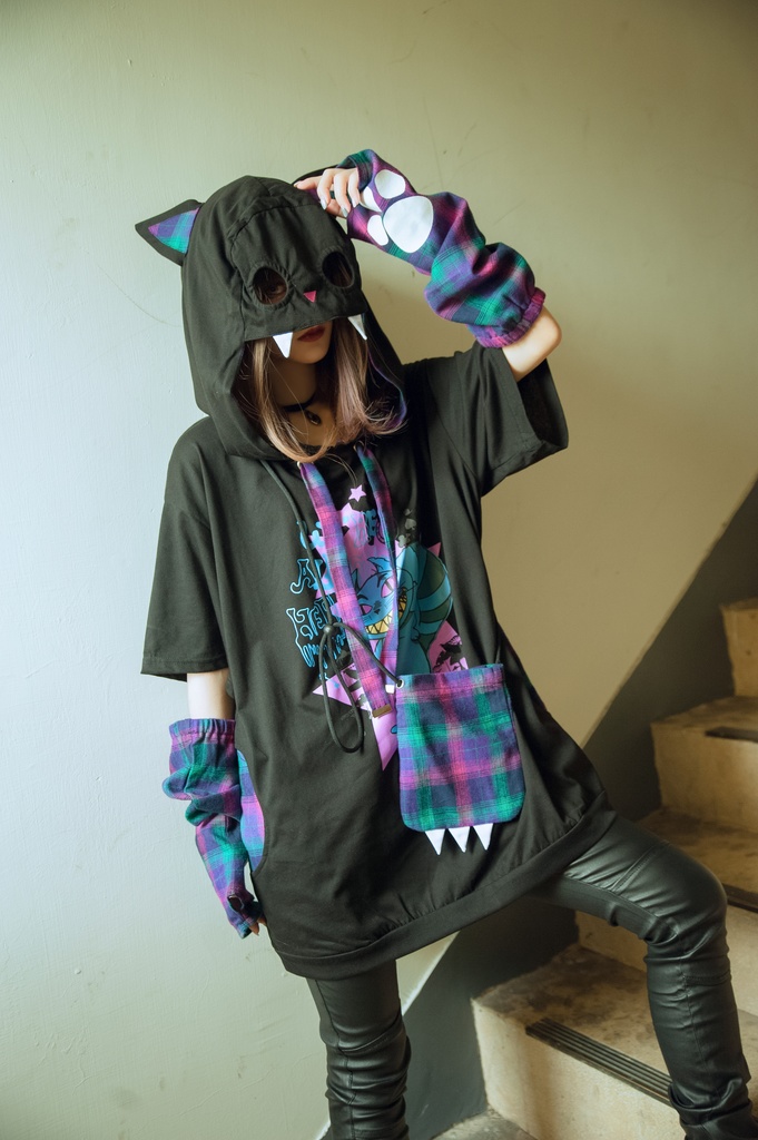 Jillpunkメンヘラ病みカワ ハロウィン月下猫 アームカバー ボディバッグ付き ねこ耳 ゆったり半袖パーカー タータンチェック ストライプ柄 オリジナル メンズ レディーズ おしゃれ男女兼用ファッション可愛い萌え