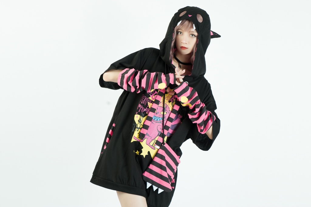 Jillpunkメンヘラ病みカワ ハロウィン月下猫 アームカバー ボディバッグ付き ねこ耳 ゆったり半袖パーカー タータンチェック ストライプ柄 オリジナル メンズ レディーズ おしゃれ男女兼用ファッション可愛い萌え