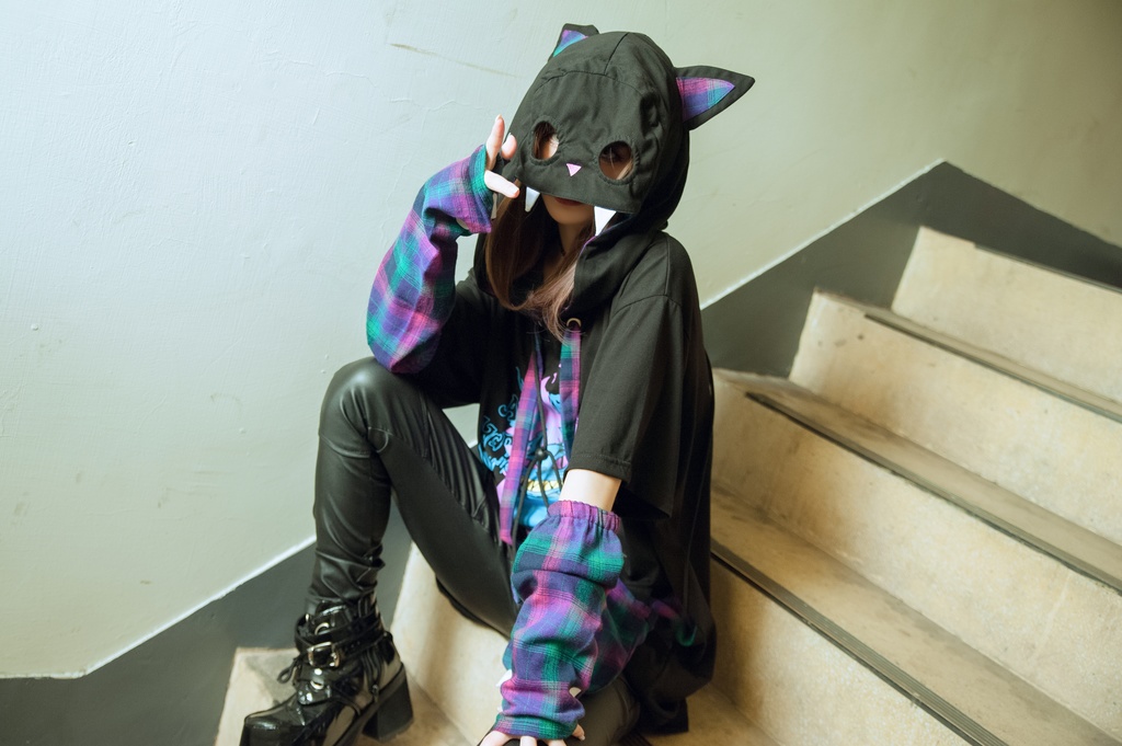 Jillpunkメンヘラ病みカワ ハロウィン月下猫 アームカバー ボディバッグ付き ねこ耳 ゆったり半袖パーカー タータンチェック ストライプ柄 オリジナル メンズ レディーズ おしゃれ男女兼用ファッション可愛い萌え