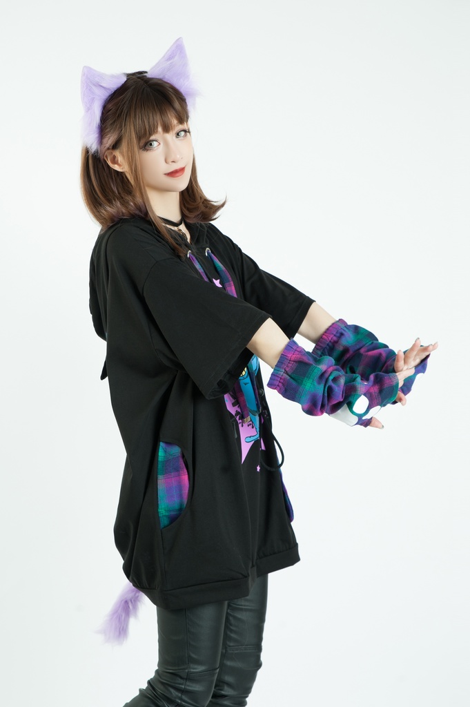 Jillpunkメンヘラ病みカワ ハロウィン月下猫 アームカバー ボディバッグ付き ねこ耳 ゆったり半袖パーカー タータンチェック ストライプ柄 オリジナル メンズ レディーズ おしゃれ男女兼用ファッション可愛い萌え