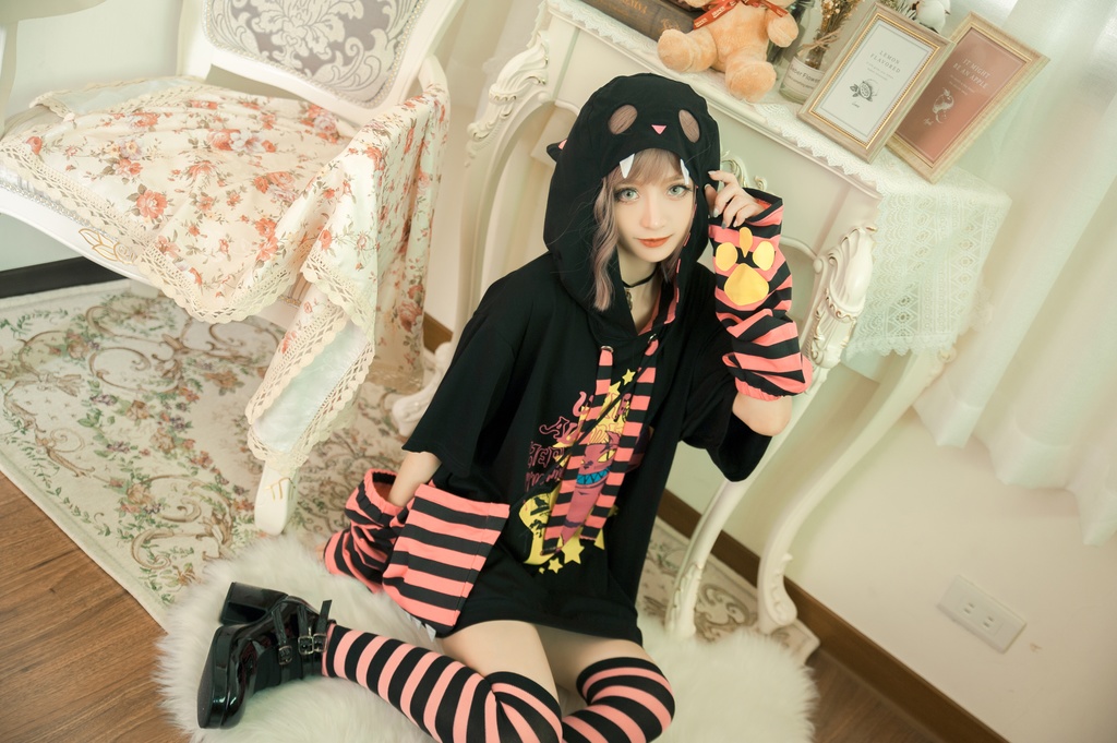 Jillpunkメンヘラ病みカワ ハロウィン月下猫 アームカバー ボディバッグ付き ねこ耳 ゆったり半袖パーカー タータンチェック ストライプ柄 オリジナル メンズ レディーズ おしゃれ男女兼用ファッション可愛い萌え