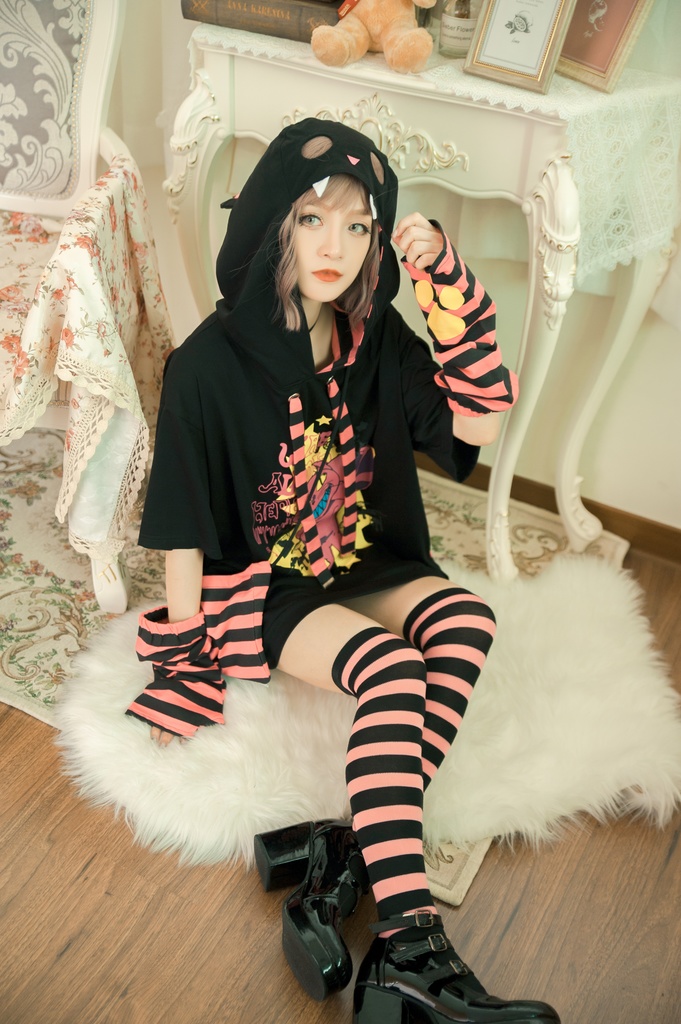 Jillpunkメンヘラ病みカワ ハロウィン月下猫 アームカバー ボディバッグ付き ねこ耳 ゆったり半袖パーカー タータンチェック ストライプ柄 オリジナル メンズ レディーズ おしゃれ男女兼用ファッション可愛い萌え