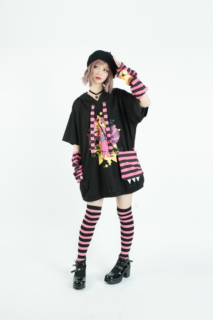 Jillpunkメンヘラ病みカワ ハロウィン月下猫 アームカバー ボディバッグ付き ねこ耳 ゆったり半袖パーカー タータンチェック ストライプ柄 オリジナル メンズ レディーズ おしゃれ男女兼用ファッション可愛い萌え