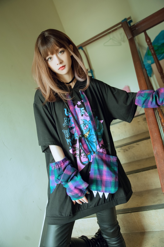 Jillpunkメンヘラ病みカワ ハロウィン月下猫 アームカバー ボディバッグ付き ねこ耳 ゆったり半袖パーカー タータンチェック ストライプ柄 オリジナル メンズ レディーズ おしゃれ男女兼用ファッション可愛い萌え