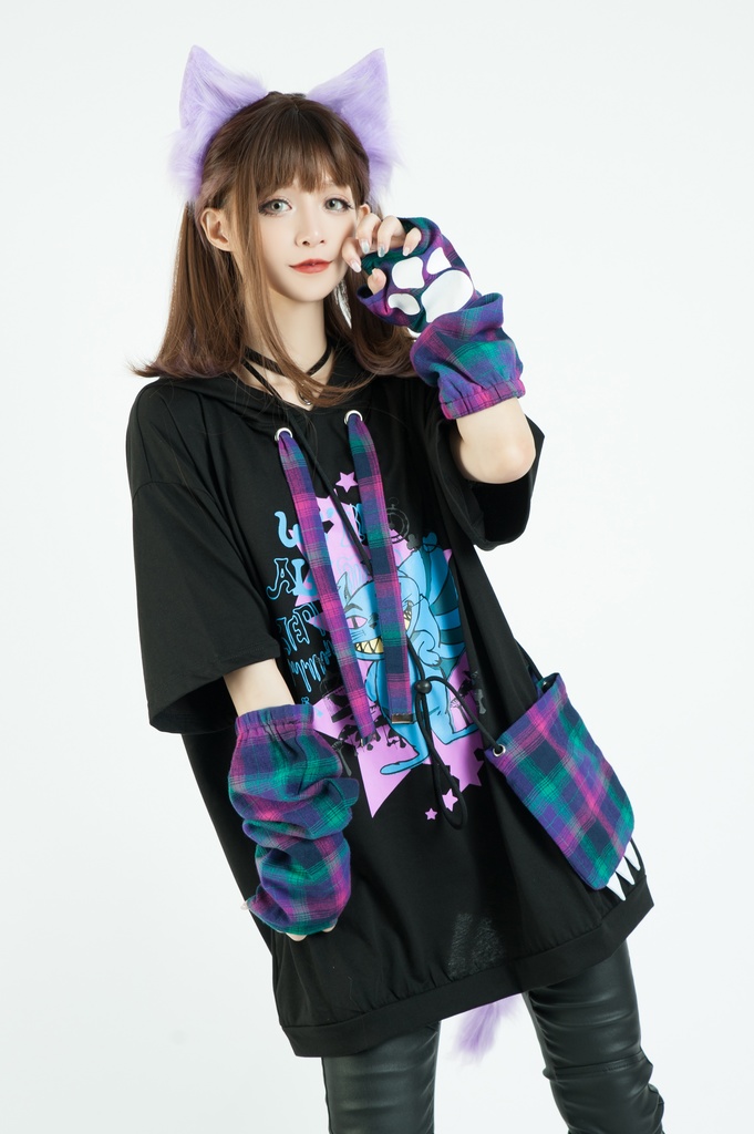 Jillpunkメンヘラ病みカワ ハロウィン月下猫 アームカバー ボディバッグ付き ねこ耳 ゆったり半袖パーカー タータンチェック ストライプ柄 オリジナル メンズ レディーズ おしゃれ男女兼用ファッション可愛い萌え