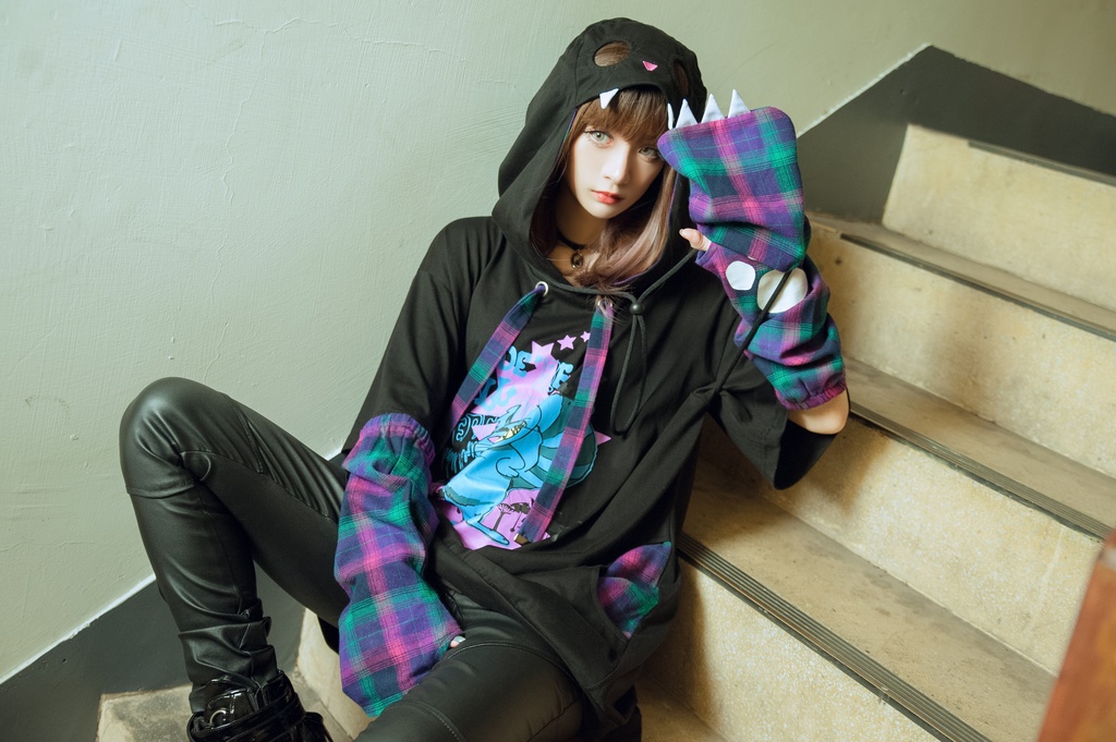 Jillpunkメンヘラ病みカワ ハロウィン月下猫 アームカバー ボディバッグ付き ねこ耳 ゆったり半袖パーカー タータンチェック ストライプ柄 オリジナル メンズ レディーズ おしゃれ男女兼用ファッション可愛い萌え