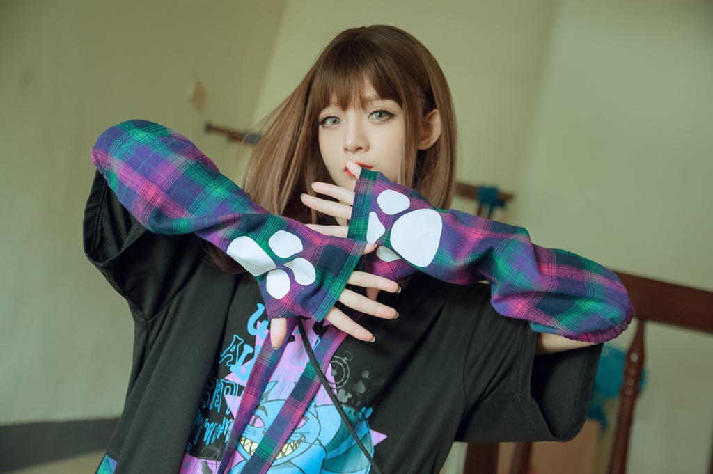 Jillpunkメンヘラ病みカワ ハロウィン月下猫 アームカバー ボディバッグ付き ねこ耳 ゆったり半袖パーカー タータンチェック ストライプ柄 オリジナル メンズ レディーズ おしゃれ男女兼用ファッション可愛い萌え