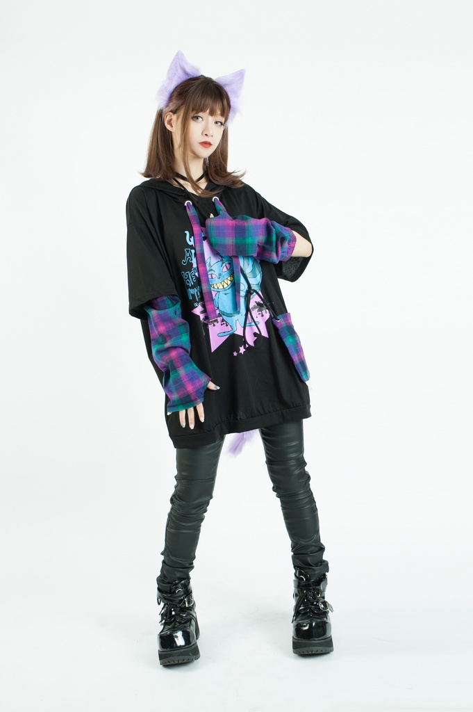 Jillpunkメンヘラ病みカワ ハロウィン月下猫 アームカバー ボディバッグ付き ねこ耳 ゆったり半袖パーカー タータンチェック ストライプ柄 オリジナル メンズ レディーズ おしゃれ男女兼用ファッション可愛い萌え