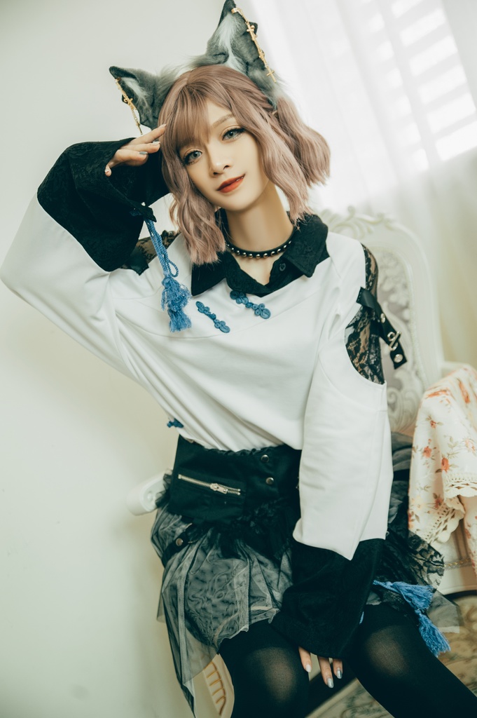 Jillpunk中華風チャイナモード OTOCHIコラボ 桔梗百合 オフショルダー 肩見せ 中国結び富貴結 重ね風 透けレース タッセルストラップ 長袖ブラウス カットソー 和風オリジナル メンズ レディーズ おしゃれ男女兼用ファッション セクシー