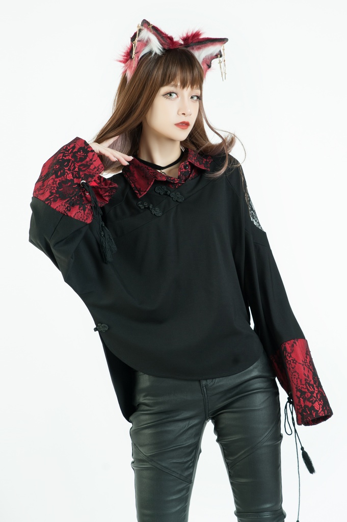 Jillpunk中華風チャイナモード OTOCHIコラボ 桔梗百合 オフショルダー 肩見せ 中国結び富貴結 重ね風 透けレース タッセルストラップ 長袖ブラウス カットソー 和風オリジナル メンズ レディーズ おしゃれ男女兼用ファッション セクシー