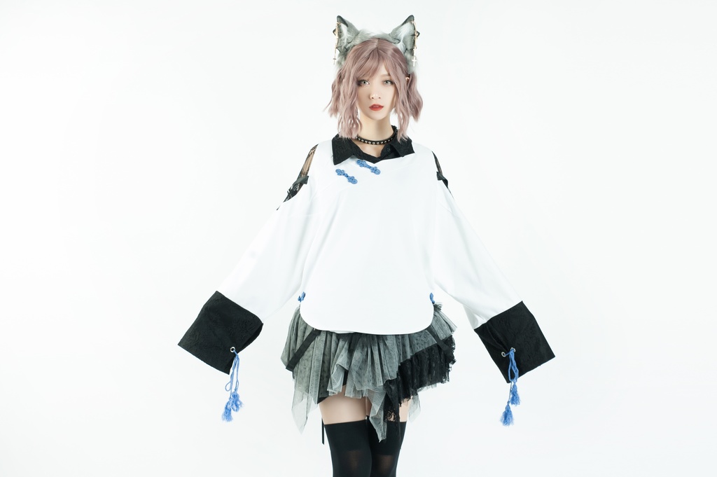 Jillpunk中華風チャイナモード OTOCHIコラボ 桔梗百合 オフショルダー 肩見せ 中国結び富貴結 重ね風 透けレース タッセルストラップ 長袖ブラウス カットソー 和風オリジナル メンズ レディーズ おしゃれ男女兼用ファッション セクシー