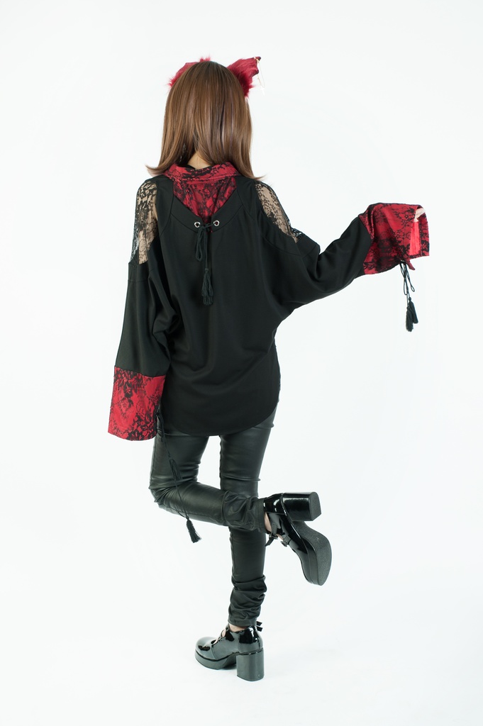 Jillpunk中華風チャイナモード OTOCHIコラボ 桔梗百合 オフショルダー 肩見せ 中国結び富貴結 重ね風 透けレース タッセルストラップ 長袖ブラウス カットソー 和風オリジナル メンズ レディーズ おしゃれ男女兼用ファッション セクシー