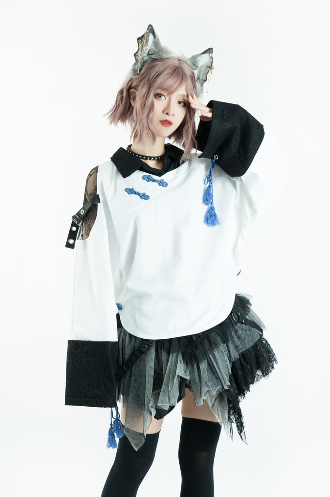 Jillpunk中華風チャイナモード OTOCHIコラボ 桔梗百合 オフショルダー 肩見せ 中国結び富貴結 重ね風 透けレース タッセルストラップ 長袖ブラウス カットソー 和風オリジナル メンズ レディーズ おしゃれ男女兼用ファッション セクシー