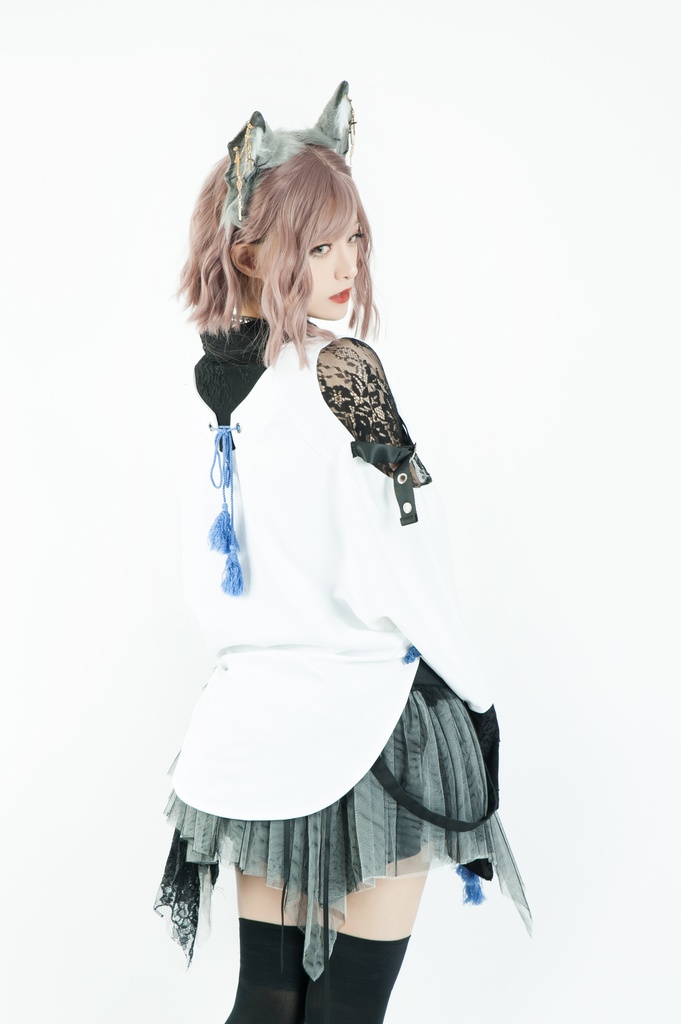 Jillpunk中華風チャイナモード OTOCHIコラボ 桔梗百合 オフショルダー 肩見せ 中国結び富貴結 重ね風 透けレース タッセルストラップ 長袖ブラウス カットソー 和風オリジナル メンズ レディーズ おしゃれ男女兼用ファッション セクシー