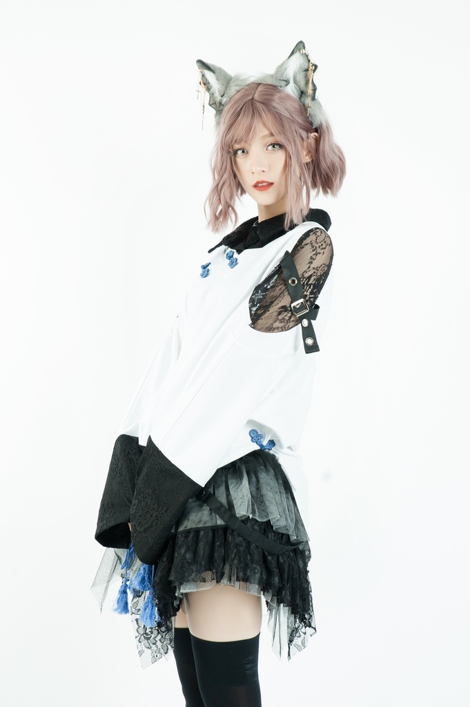 Jillpunk中華風チャイナモード OTOCHIコラボ 桔梗百合 オフショルダー 肩見せ 中国結び富貴結 重ね風 透けレース タッセルストラップ 長袖ブラウス カットソー 和風オリジナル メンズ レディーズ おしゃれ男女兼用ファッション セクシー