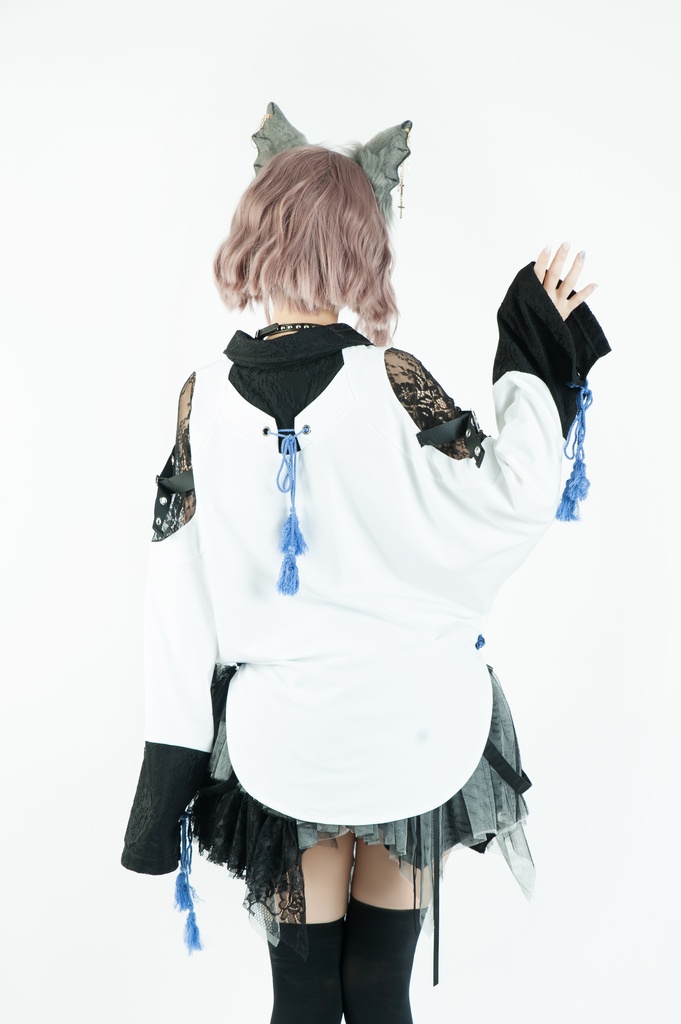 Jillpunk中華風チャイナモード OTOCHIコラボ 桔梗百合 オフショルダー 肩見せ 中国結び富貴結 重ね風 透けレース タッセルストラップ 長袖ブラウス カットソー 和風オリジナル メンズ レディーズ おしゃれ男女兼用ファッション セクシー