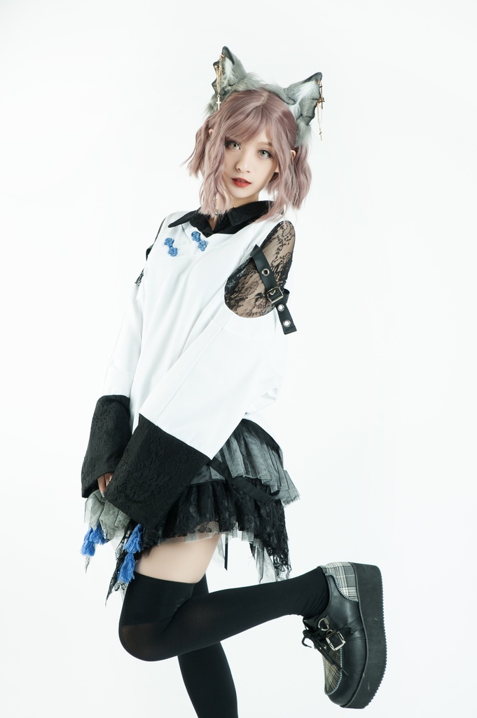 Jillpunk中華風チャイナモード OTOCHIコラボ 桔梗百合 オフショルダー 肩見せ 中国結び富貴結 重ね風 透けレース タッセルストラップ 長袖ブラウス カットソー 和風オリジナル メンズ レディーズ おしゃれ男女兼用ファッション セクシー