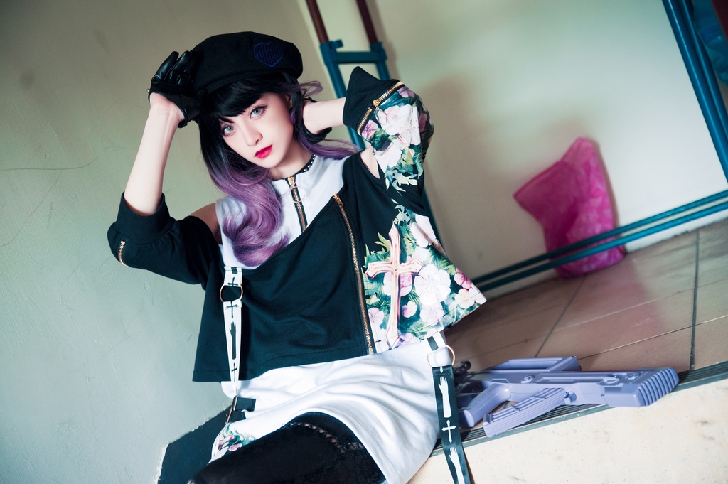 Jillpunkゴシック貴族風 SPINコラボ ゴーストの庭 幽霊ガーデン アシンメトリー フェイクベスト 重ね風 オフショルダー 肩見せ 聖十字花柄 七分袖Tシャツ カットソー 優雅 オリジナル メンズ レディーズ おしゃれ男女兼用ファッション セクシー