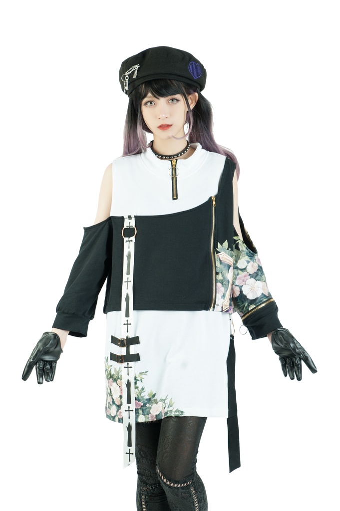 Jillpunkゴシック貴族風 SPINコラボ ゴーストの庭 幽霊ガーデン アシンメトリー フェイクベスト 重ね風 オフショルダー 肩見せ 聖十字花柄 七分袖Tシャツ カットソー 優雅 オリジナル メンズ レディーズ おしゃれ男女兼用ファッション セクシー