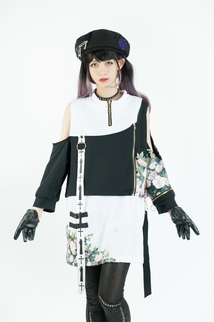 Jillpunkゴシック貴族風 SPINコラボ ゴーストの庭 幽霊ガーデン アシンメトリー フェイクベスト 重ね風 オフショルダー 肩見せ 聖十字花柄 七分袖Tシャツ カットソー 優雅 オリジナル メンズ レディーズ おしゃれ男女兼用ファッション セクシー