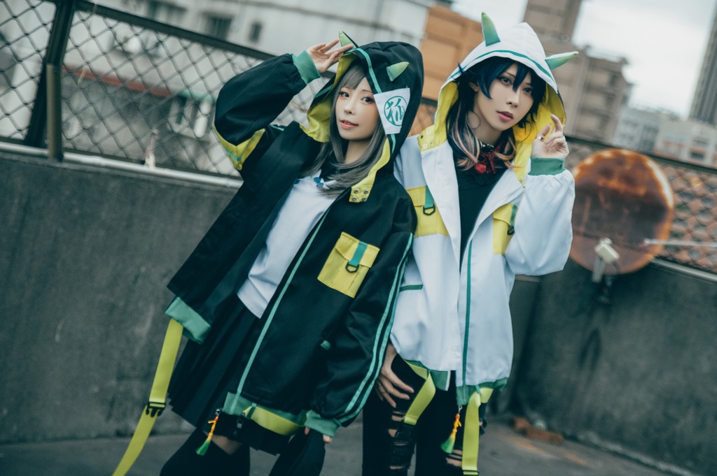 Jillpunk中華風チャイナモード OTOCHIコラボ 稲荷狐神 グラデーション色 チェストポケット 狐耳ワークパーカー フード付きジャケット 和風オリジナルメンズ レディーズ おしゃれ男女兼用ファッションカッコいい