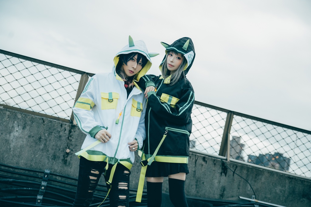 Jillpunk中華風チャイナモード OTOCHIコラボ 稲荷狐神 グラデーション色 チェストポケット 狐耳ワークパーカー フード付きジャケット 和風オリジナルメンズ レディーズ おしゃれ男女兼用ファッションカッコいい