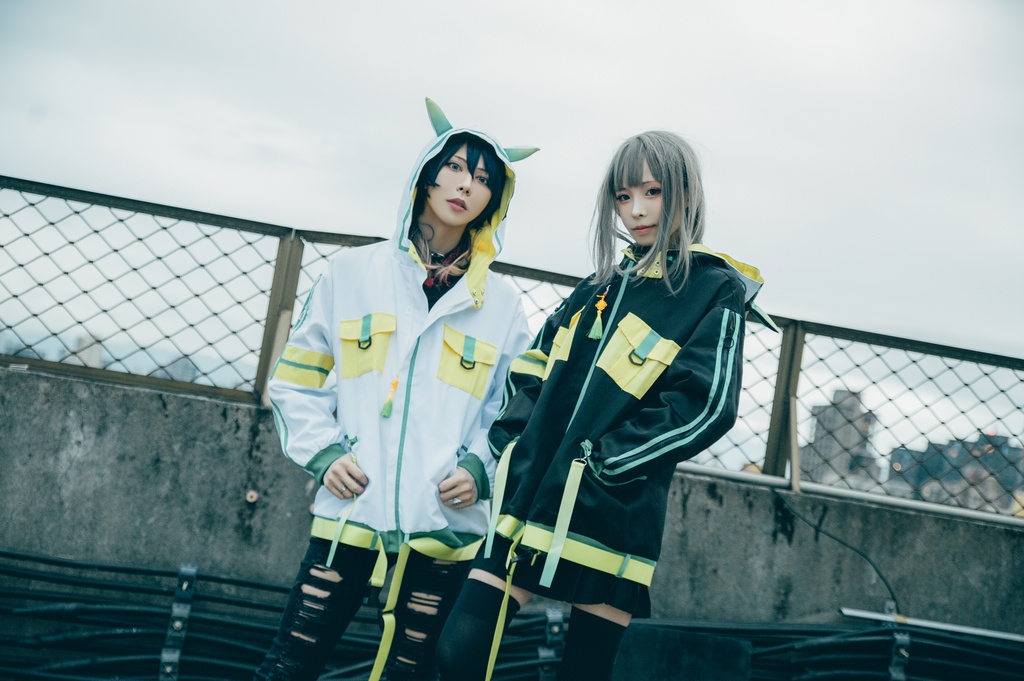 Jillpunk中華風チャイナモード OTOCHIコラボ 稲荷狐神 グラデーション色 チェストポケット 狐耳ワークパーカー フード付きジャケット 和風オリジナルメンズ レディーズ おしゃれ男女兼用ファッションカッコいい