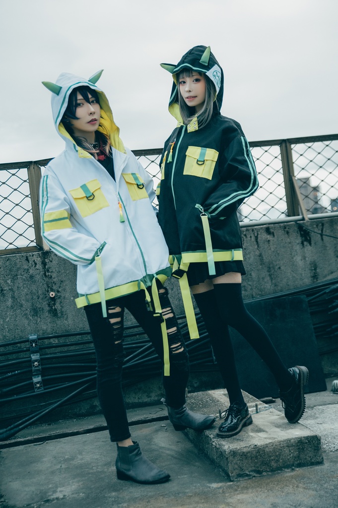 Jillpunk中華風チャイナモード OTOCHIコラボ 稲荷狐神 グラデーション色 チェストポケット 狐耳ワークパーカー フード付きジャケット 和風オリジナルメンズ レディーズ おしゃれ男女兼用ファッションカッコいい