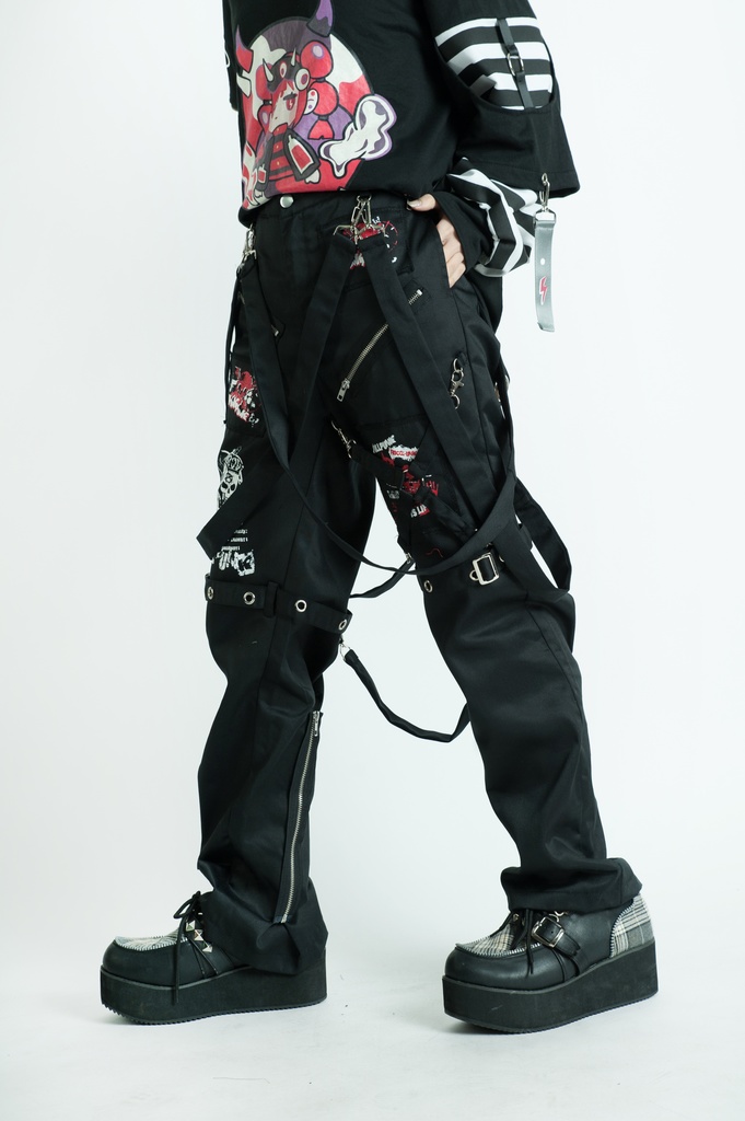 Jillpunkパンク ダーク系 アニメ ニ次コン ヘヴィメタルスピリッツ タータンチェック柄 サスペンダー付き ボンデージ・ボンデッジパンツ ロング丈 オリジナルスタイル メンズお兄系 レディーズ V系 おしゃれ男女兼用カッコいい