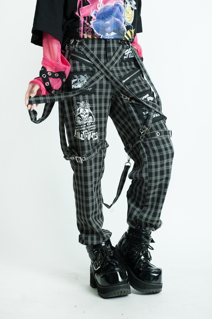 Jillpunkパンク ダーク系 アニメ ニ次コン ヘヴィメタルスピリッツ タータンチェック柄 サスペンダー付き ボンデージ・ボンデッジパンツ ロング丈 オリジナルスタイル メンズお兄系 レディーズ V系 おしゃれ男女兼用カッコいい