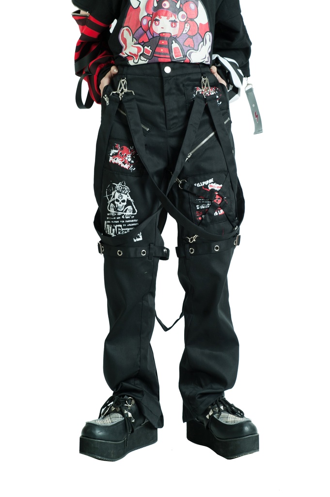 Jillpunkパンク ダーク系 アニメ ニ次コン ヘヴィメタルスピリッツ タータンチェック柄 サスペンダー付き ボンデージ・ボンデッジパンツ ロング丈 オリジナルスタイル メンズお兄系 レディーズ V系 おしゃれ男女兼用カッコいい