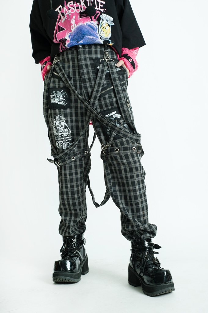 Jillpunkパンク ダーク系 アニメ ニ次コン ヘヴィメタルスピリッツ タータンチェック柄 サスペンダー付き ボンデージ・ボンデッジパンツ ロング丈 オリジナルスタイル メンズお兄系 レディーズ V系 おしゃれ男女兼用カッコいい