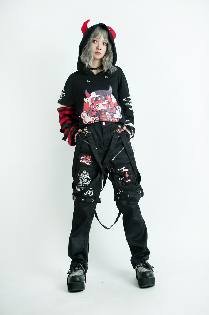 Jillpunkパンク ダーク系 アニメ ニ次コン ヘヴィメタルスピリッツ タータンチェック柄 サスペンダー付き ボンデージ・ボンデッジパンツ ロング丈 オリジナルスタイル メンズお兄系 レディーズ V系 おしゃれ男女兼用カッコいい